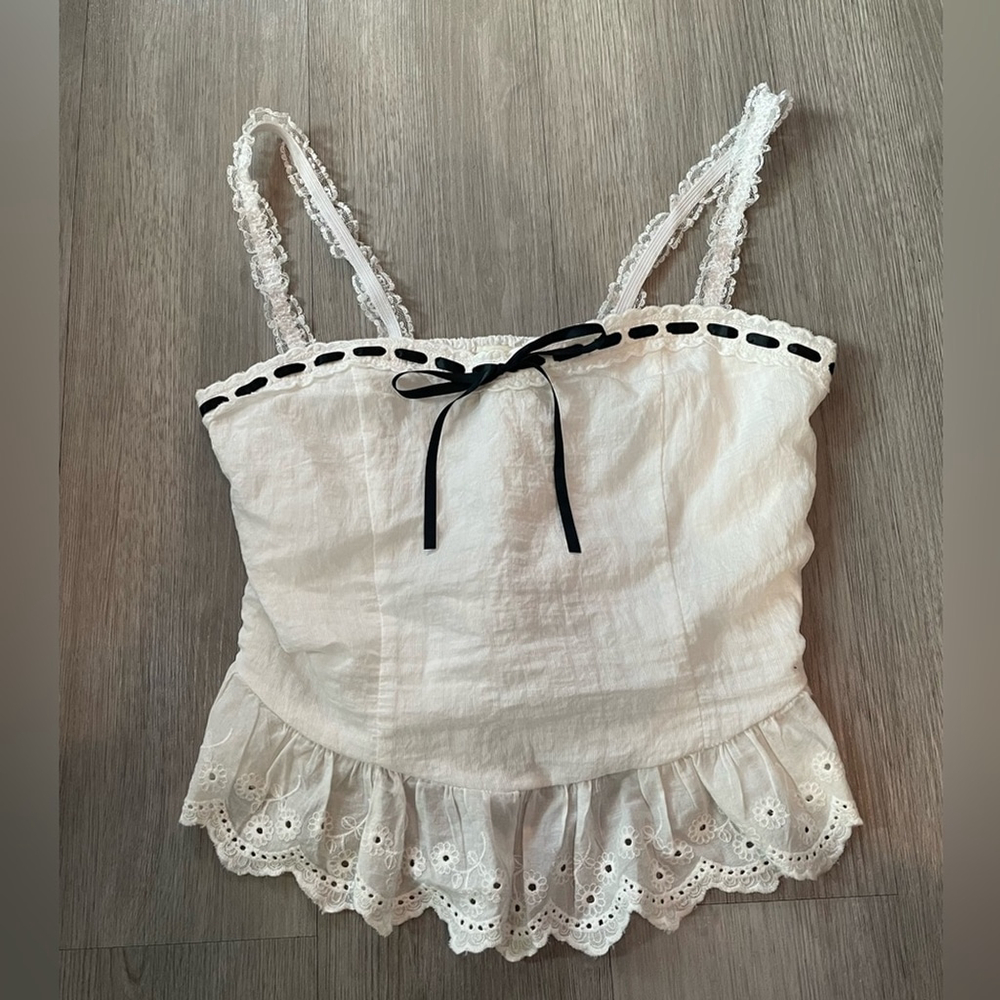 Thirty Thirty Coquette Lace Eyelet Crop Tank Cottagecore Bow Top Small